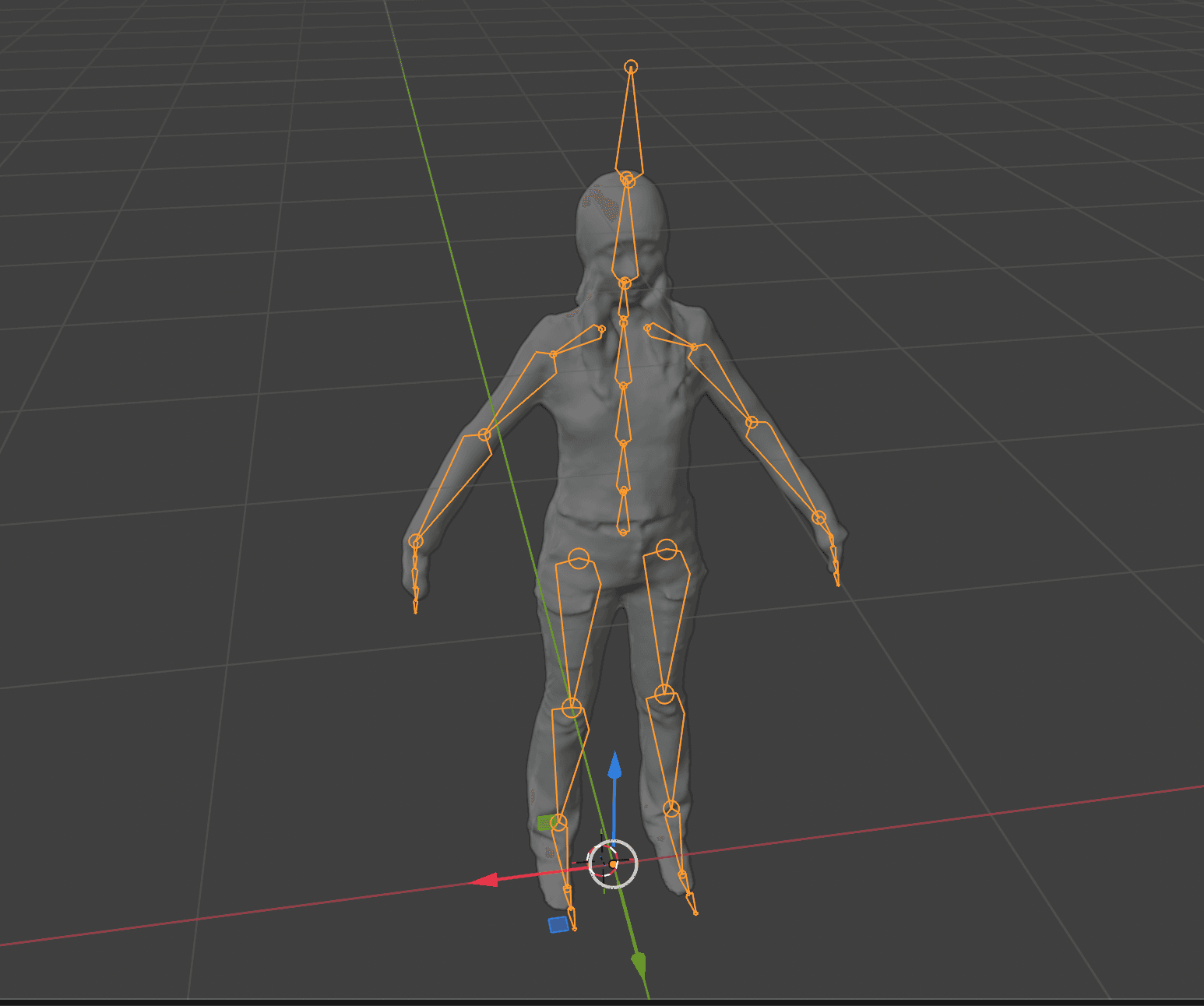 Scanned Character WebGL Pathfinder: Blender processing exposes the scan topology and rig structure used to turn an unstructured capture into an animatable character asset.