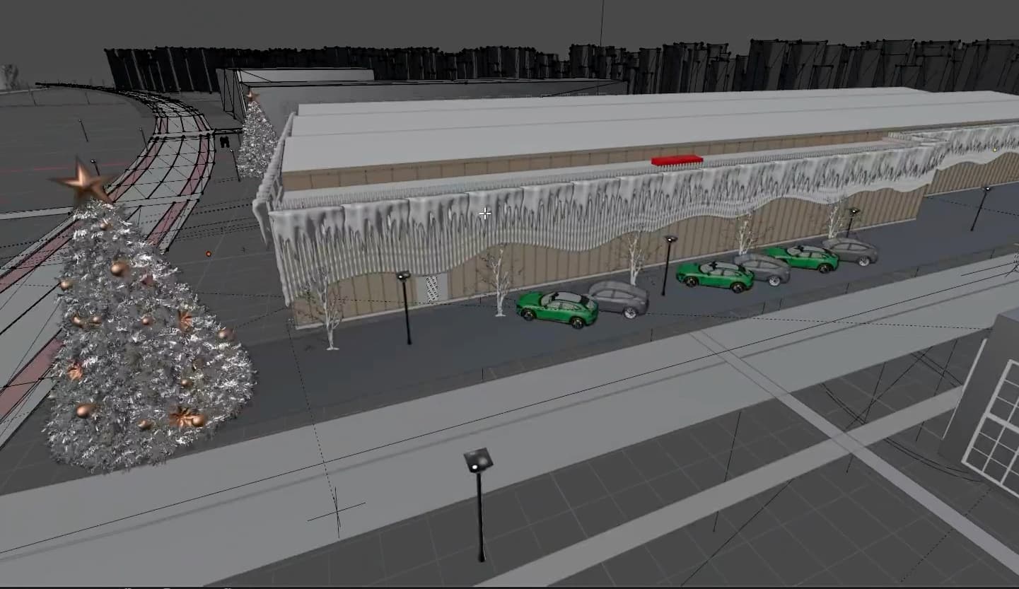 Industrial Festive Greeting: The paired behind-the-scenes scene shows the making side of the image, linking the final composition back to modelling, material setup, and environment building decisions.