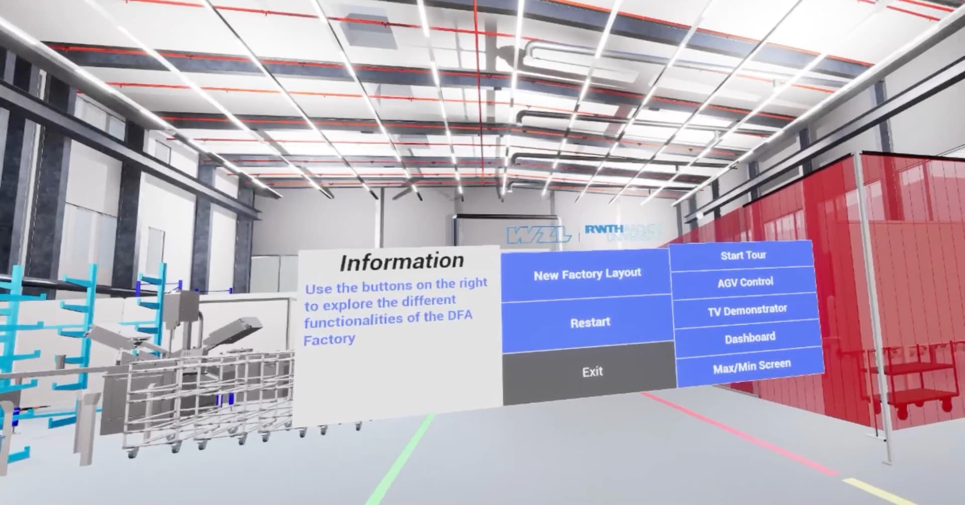 Menu interface inside the VR production walkthrough